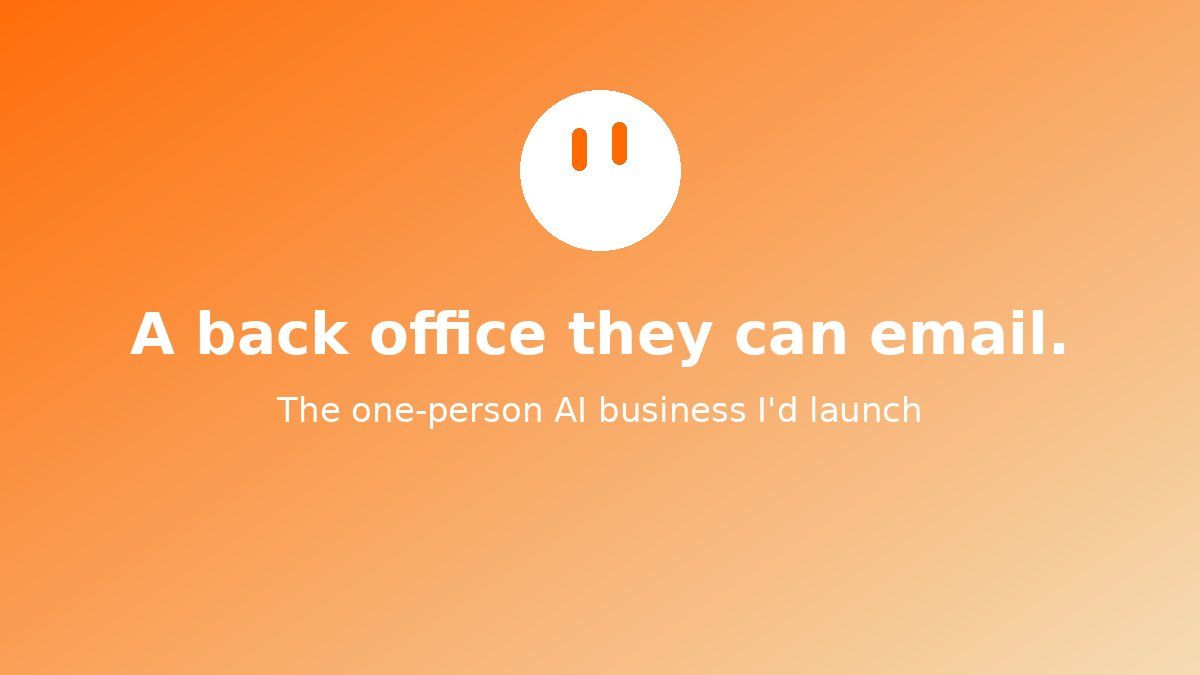 Orange gradient card with a simple smiling bot face and the headline "A back office they can email." Subtitle: The one-person AI business I'd launch.